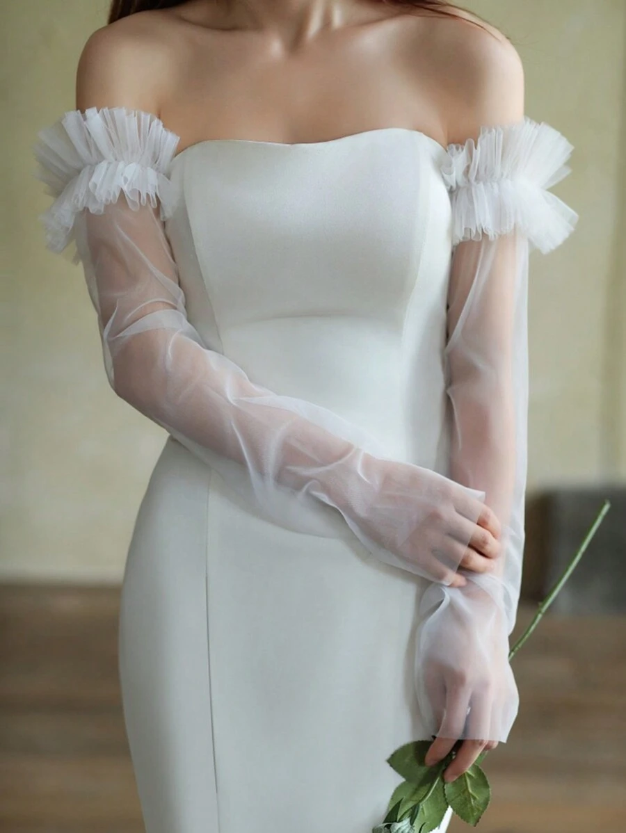 1pc Women's Long Mesh Ruffle Arm Sleeves For Wedding Dress And Formal Dress Accessories - White - View 1