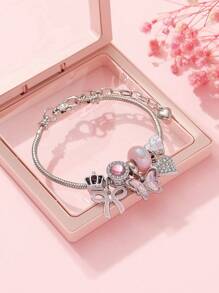 1 件优雅彩虹色蝴蝶和蝴蝶结镶有水钻心形吊坠铜手链、皇冠吊坠和大孔珠 DIY 女士手链，适合日常佩戴和节日送礼，带礼盒包装情人节、妈妈、母亲、母亲节、礼物 - 銀色 - 查看 13