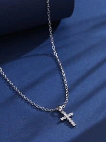1入歐美風格時尚十字銅立方氧化鋯元素不鏽鋼鍊項鍊 - 銀色 - 查看 4
