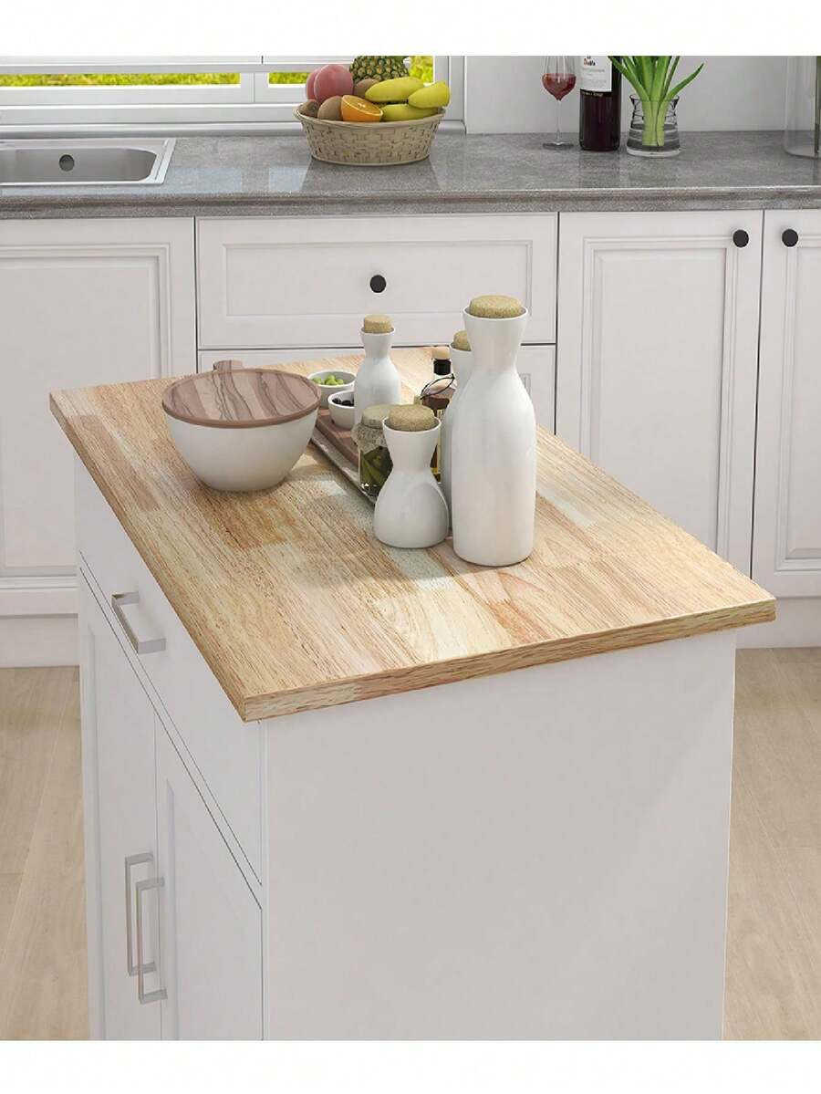 Carrito de islas de cocina con ruedas, estantes ajustables y estante para toallas, con cubierta de madera de caucho, promoción de - Blanco - Ver 1