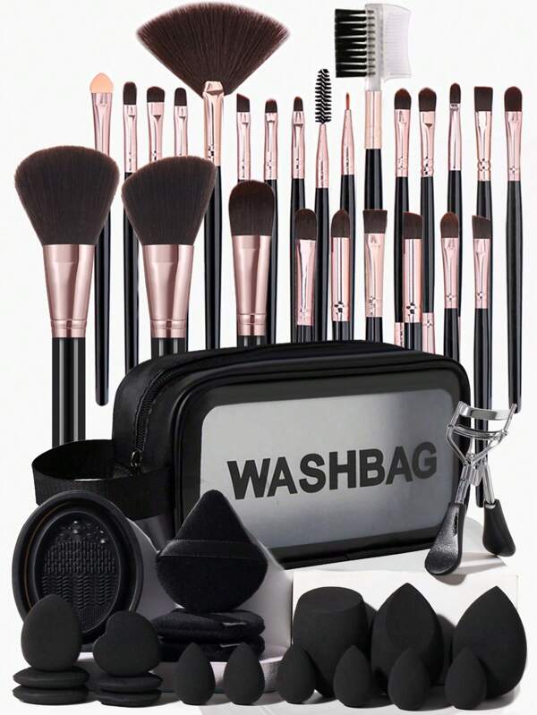 46pcs Professional Makeup Tool Set For Beginners, Including 25 Makeup Brushes (Powder, Blush, Highlighter, Eyeshadow, Mascara, Eyeliner, Contour, Detail), 3 Makeup Sponge For Liquid Makeup And Mixing, 3 Triangle Sponges For Powder Setting, 6 Finger Puffs For Concealer And Foundation, 6 Mini Makeup Sponge For Precision Application, 1 Makeup Brush Cleaner, 1 Water-Resistant Makeup Bag For Storage, And 1 Eyelash Curler.
