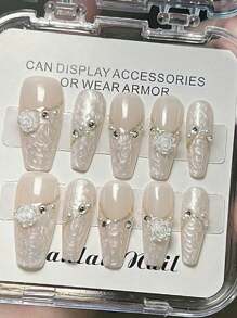 10pcs Handmade Press-On False Nails, Creative Coffin Shaped Artificial Nails, French Manicure Pull-String Nails, White Mother-Of-Pearl Textured French Simple Nails, With 3D Flower Pearl Diamond Bow Nail Decorations, Nude Nails, Coffin Nails, Fashionable Minimalist Colorful Nails, Cherry Blossom Nails, White Bow, White Nails, Pink Nails, Suitable For Spring, Summer, Autumn And Winter, European And American Style Nails, Cute Nail Decorations, Perfect For DIY Home Manicure, Office Daily Manicure, Gifts, Nail Art Supplies, Self-Learning Nail Art, Beginner Nail Art, Millennium Bug Style Nails, Fingernails, Nails, Upgraded Nails, Nail Art Set, Graduation Party Nails, Coffin Nail Tips, Almond Nail Tips, Nail Art Materials, Wedding Nails, Contrast Nails, New Style Nails, Birthday And Seasonal Gift Sets For Women And Girls! - White - View 13