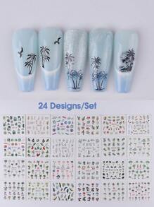 24 Stücke/Packung Sommer Nagelkunst Aufkleber mit grünem Blatt, Kokospalme und Palme Design, tropische Schieber Nagel Aufkleber, Wassertransfer Aufkleber für Nagelkunst Dekoration Maniküre Zubehör