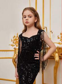 Đầm dạ hội đuôi cá đính sequin sang trọng cho bé gái, thiết kế tay áo tua rua, cổ áo hình trái tim - Dài đến sàn, dáng ôm sát, phù hợp cho các dịp đặc biệt. - màu đen - Xem 7