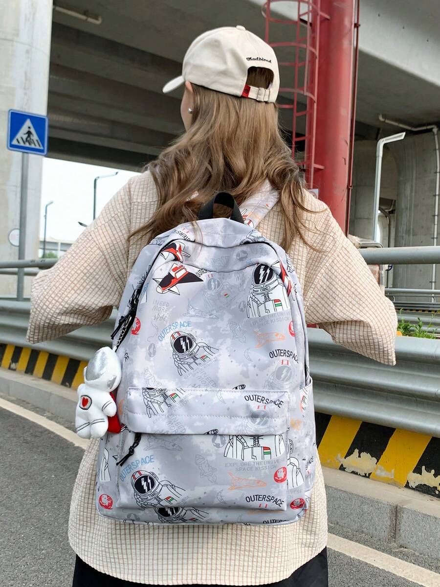 1入太空人圖案背包，日式塗鴉風格時尚中學生學校書包，男女適用，雙肩尼龍書包 - 灰色 - 查看 1