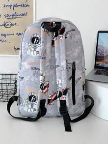 1入太空人圖案背包，日式塗鴉風格時尚中學生學校書包，男女適用，雙肩尼龍書包 - 灰色 - 查看 3