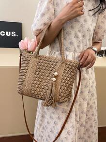 1 件新款夏季大号草编手提包，时尚女士手提包，带流苏、拉链开合和肩带，非常适合海滩和度假 - 卡其色 - 查看 6