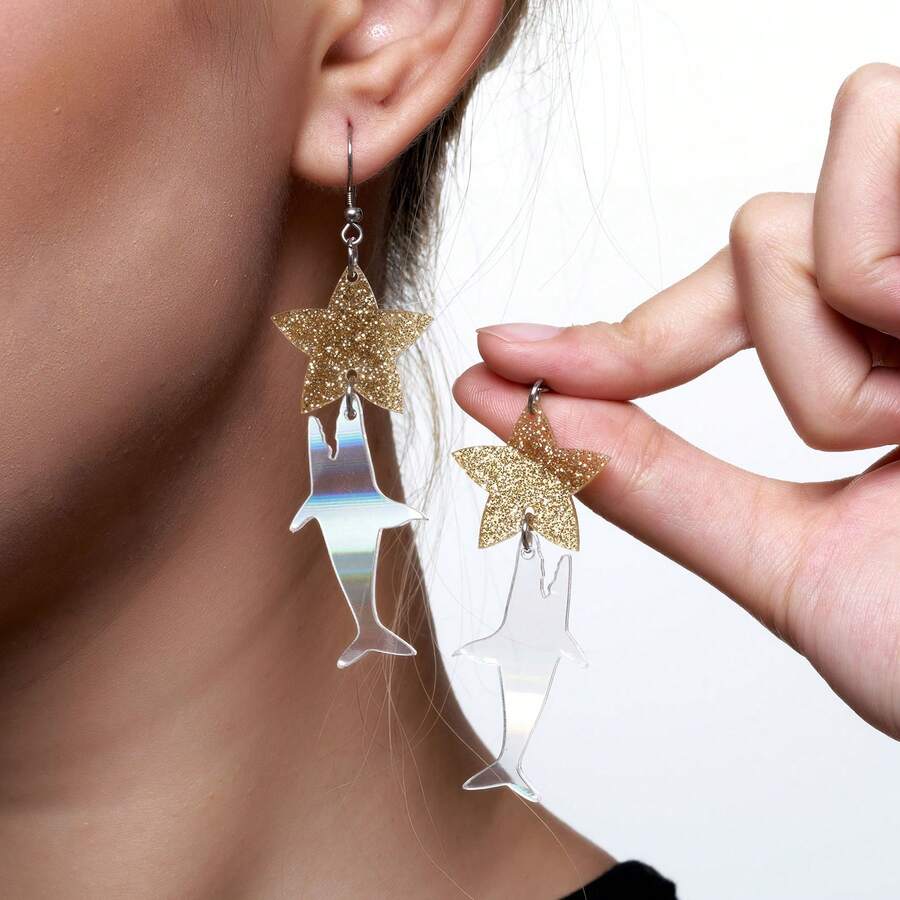 1 Par de Aretes en forma de tiburón con Estrellas - tiburón estrella - Ver 1
