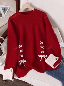 JIANHU New Spring Red Lace-Up Spliced Knit Sweater Women Loose Slimming Versatile Round Neck Long Sleeve Top, Vintage Warm Casual Oversized Look For Spring