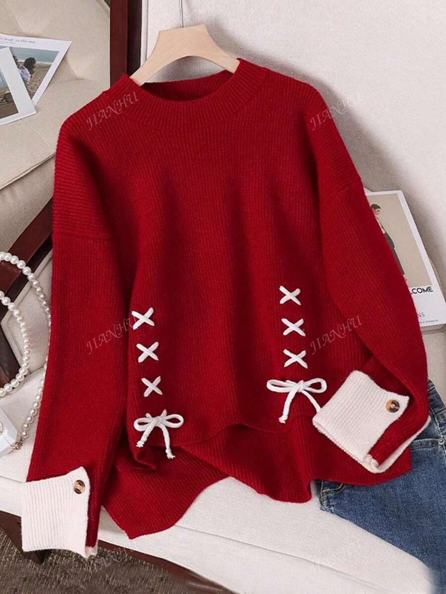 JIANHU New Spring Red Lace-Up Spliced Knit Sweater Women Loose Slimming Versatile Round Neck Long Sleeve Top, Vintage Warm Casual Oversized Look For Spring