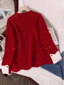 JIANHU New Spring Red Lace-Up Spliced Knit Sweater Women Loose Slimming Versatile Round Neck Long Sleeve Top, Vintage Warm Casual Oversized Look For Spring