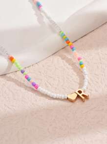 1pc Mixed-Color Rice-Shaped Beaded Heart & Letter Pendant Necklace