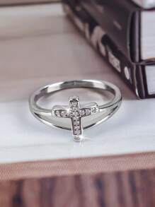 1pc Fashion Geometric Cross CZ Decor Double Layer Ring, Suitable For Daily Wear & Decoration For Women