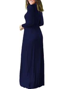 Mujeres de manga larga Maxi Vestido Liso Imperio Cintura Vestido Casual Suelta Otoño / Invierno Vestidos con Bolsillos - Azul Marino - Ver 3