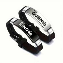 2pcs His And Hers King Queen Crown Romantic Couple Bracelets, Adjustable Size Stainless Steel Silicone Bracelets, Gift For Parties And Festivals