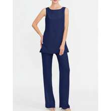 Chiffon Mother Of The Bride Pantsuit 3 Piece Wedding Formal Dress Suit Evening Gown - 藏蓝色 - 查看 3