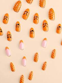 万圣节南瓜灯主题按压式指甲套装，24 片中长杏仁形橙色脸带波尔卡圆点法式指甲，含美甲工具 1 片果冻胶和 1 条摩擦条 - 橘色 - 查看 4
