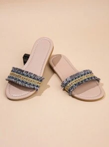 女孩闪光平底软底钻石拖鞋 2024 新款爆款串珠仙女风格一脚蹬凉鞋蝴蝶结亮片交叉编织带女童凉鞋软底软顶厚底复古带鳞片户外波西米亚风 - 棕色 - 查看 7