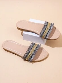 女孩闪光平底软底钻石拖鞋 2024 新款爆款串珠仙女风格一脚蹬凉鞋蝴蝶结亮片交叉编织带女童凉鞋软底软顶厚底复古带鳞片户外波西米亚风 - 棕色 - 查看 5