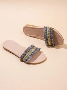 女孩闪光平底软底钻石拖鞋 2024 新款爆款串珠仙女风格一脚蹬凉鞋蝴蝶结亮片交叉编织带女童凉鞋软底软顶厚底复古带鳞片户外波西米亚风 - 棕色 - 查看 6