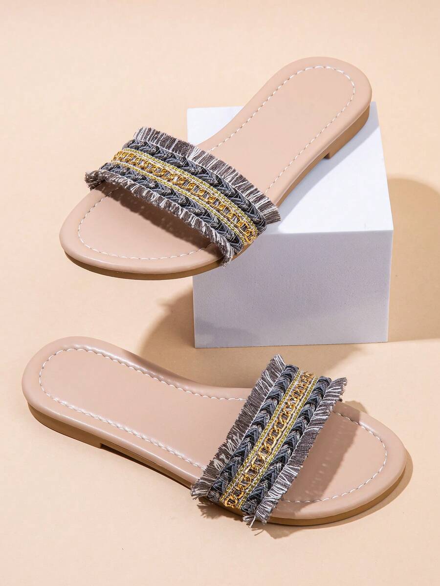 女孩闪光平底软底钻石拖鞋 2024 新款爆款串珠仙女风格一脚蹬凉鞋蝴蝶结亮片交叉编织带女童凉鞋软底软顶厚底复古带鳞片户外波西米亚风 - 棕色 - 查看 1