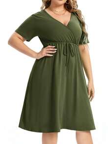 Women's Plus Size Dress V Neck Knee Length Wrap A-Line Mini Dress With Belt - Olive Green - View 3