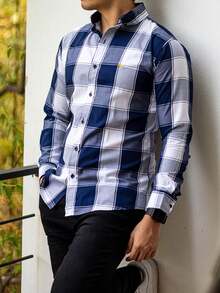 Camisa Hombre Casual Slim Fit Cuadros Azul Oscuro, Blancos - Azul lavado oscuro - Ver 1