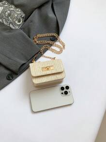 新款迷你方形女士包，配有菱形網孔和高品質縫製，編織鍊肩背包，蓋子手抓包，可愛的斜挎包配件