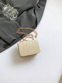 新款迷你方形女士包，配有菱形網孔和高品質縫製，編織鍊肩背包，蓋子手抓包，可愛的斜挎包配件