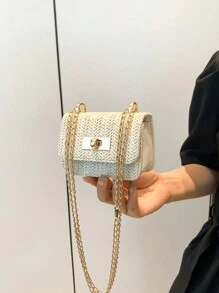 新款迷你方形女士包，配有菱形網孔和高品質縫製，編織鍊肩背包，蓋子手抓包，可愛的斜挎包配件