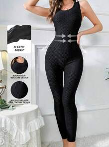 Yefecy Women Butt Lifting Yoga Jumpsuit Backless Sport Bandage Playsuit Sleeveless Textured Gym Jumpsuit - Black - View 2