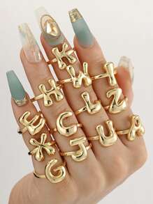 1件時尚鍍銅18K金光澤氣泡氣球可愛A-Z 26個英文字母戒指，適合女士日常佩戴字母戒指