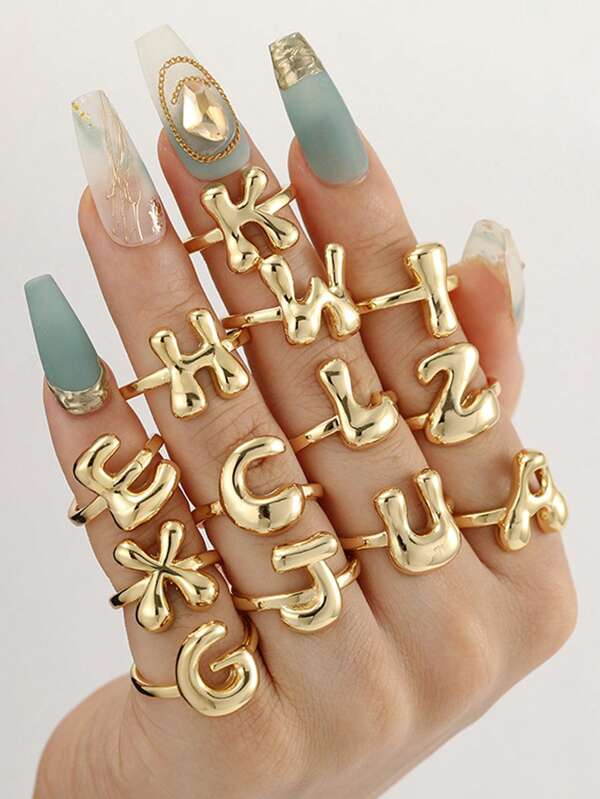 1 Anillo Burbuja de moda de cobre plateado con oro de 18k con letras A-Z en inglés, adecuado para que las mujeres usen a diario como anillos de letra