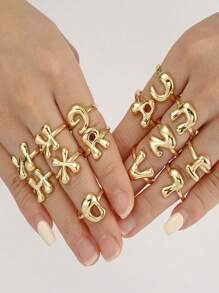 1件時尚鍍銅18K金光澤氣泡氣球可愛A-Z 26個英文字母戒指，適合女士日常佩戴字母戒指