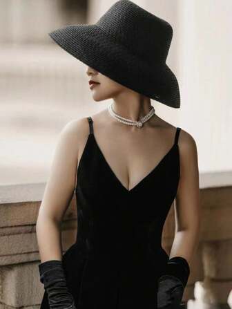 1pc Solid Color French Style Wide Brim Woven Straw Hat For Women, Vintage Beach Vacation Sun Hat, Bucket Hat, Summer