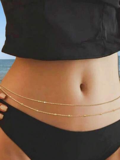 2pcs/Set Sexy Fashion Summer Beach Waist Chain, Copper Beads Double Layer Tassel Waist Chain, Body Chain Jewelry Accessories, Summer Belly Button Waist Chain Sexy Waist Beaded Gold Body Chain And Belly Chain Waist Belt Jewelry, Elegant Hundreds Of Street Shooting Waist Chain, Simple Multi-Layers Body Chain, Women's Waist Accessories Summer, School Fall, Autumn, Halloween