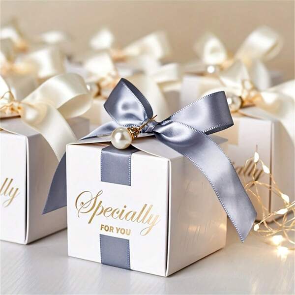 50 pièces, boîte cadeau carrée pour bonbons avec ruban/faux perles. Boîte pour faveurs de mariage, anniversaire, Saint-Valentin, fêtes. Boîte d'emballage pour bonbons, chocolats. Décorations pour fête, mariage, Noël, Saint-Valentin