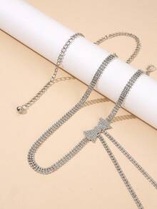 1入組金屬蝴蝶結鑲嵌鑽石腰鏈配流蘇吊墜女士配戴，適用於約會、派對、街頭穿搭及裙子 - 銀色 - 查看 6