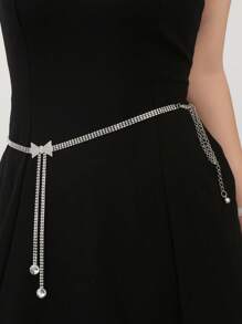 1入組金屬蝴蝶結鑲嵌鑽石腰鏈配流蘇吊墜女士配戴，適用於約會、派對、街頭穿搭及裙子 - 銀色 - 查看 1