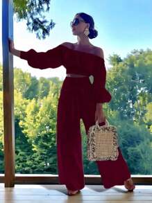 Conjunto Top De Hombro Descubierto Con Mangas Holgadas Y Pantalones Anchos De Pierna Para Mujer - Vino - Ver 2