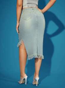 Women's Fashionable Mid-Length Denim Skirt With Embroidery And Washed Design - Light Wash - View 6