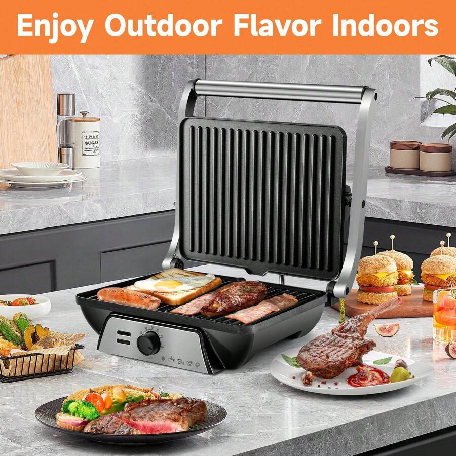 Pukomc 3-In-1 Breakfast Panini Press Electric Indoor Grill - Features Non-Stick Baking Tray, Temperature Control Knob, 180-Degree Hinge For Easy Opening, Accommodates Various Ingredients, Includes Drip Tray. - Black - View 1