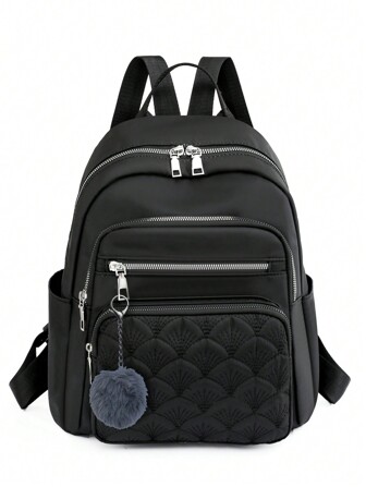 1pc Women's Backpack With Ball Decor, Embroidered Pockets Multi-Functional Lightweight Outdoor Backpack Suitable For Students, School Backpack