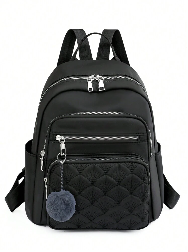 1-dielny dámsky batoh s dekoráciou v tvare lopty, vyšívané vrecká, multifunkčný ľahký outdoorový batoh vhodný pre študentky - čierna - View 1