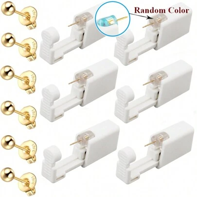 6件耳洞槍套裝，一次性鼻針和自釘耳套裝，附帶耳釘和便攜式打孔器，家用穿耳工具套件，男女適用