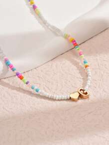 1pc Mixed-Color Rice-Shaped Beaded Heart & Letter Pendant Necklace