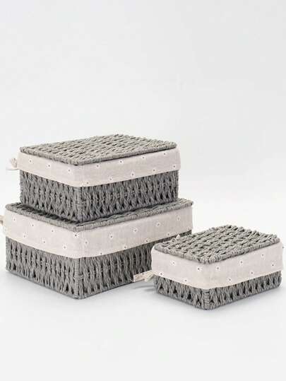 1 pieza/3 piezas Cesta de almacenamiento tejida, Cesta de almacenamiento con tapa para escritorio, Cesta de almacenamiento tejida hecha a mano, Caja de almacenamiento de aperitivos para escritorio, Caja de almacenamiento de juguetes para sala de estar, Cesta de almacenamiento de llaves y varios, Cesta de almacenamiento de cosméticos, Artículos de organización y almacenamiento para el hogar en cocina, baño, dormitorio, sala de estar, dormitorio, escritorio de oficina, decoración del hogar, cesta de decoración de Halloween, contenedor de almacenamiento de regalo de Navidad