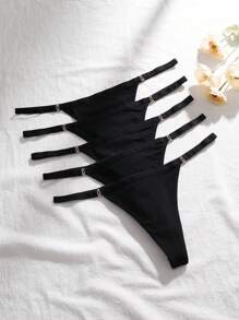 5 Packss Black Thongs For Women  Underwear Sexy G-String Panties Rhinestone T-Back Low Rise Invisible Bikini - 黑色 - 查看 5