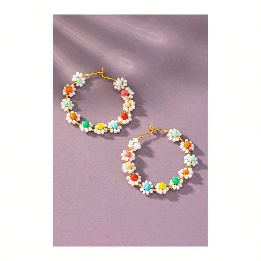 Hand Done Mini Seed Bead Flower Hoop Earrings - Multicolorido - Visão 1