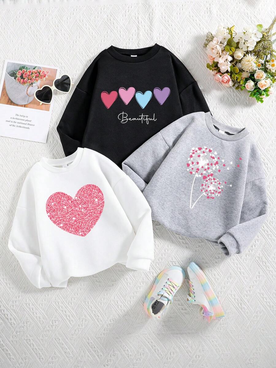 3pcs Young Girl Cartoon Printed Warm Round Neck Sweatshirt Set - Multicolor - View 1